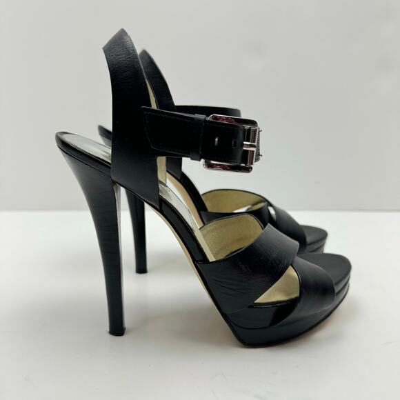 MICHAEL Michael Kors | Oksana Black Leather Stiletto Heel Strappy OpenToe Sandal - Picture 4 of 12